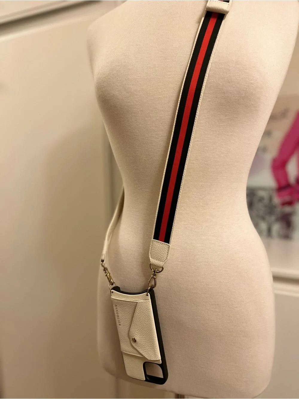 Bandolier White Phone Crossbody with Red & Black Stripe Strap